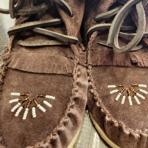 Laurentian Chief Chocolate Brown Suede Leather  Beaded Moccasin Booties Size 7 - Picture 6 of 7